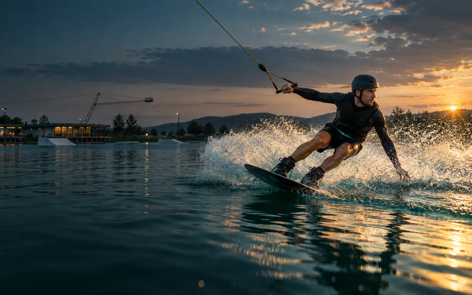 Cable wakeboarder carving across a cable park at sunset